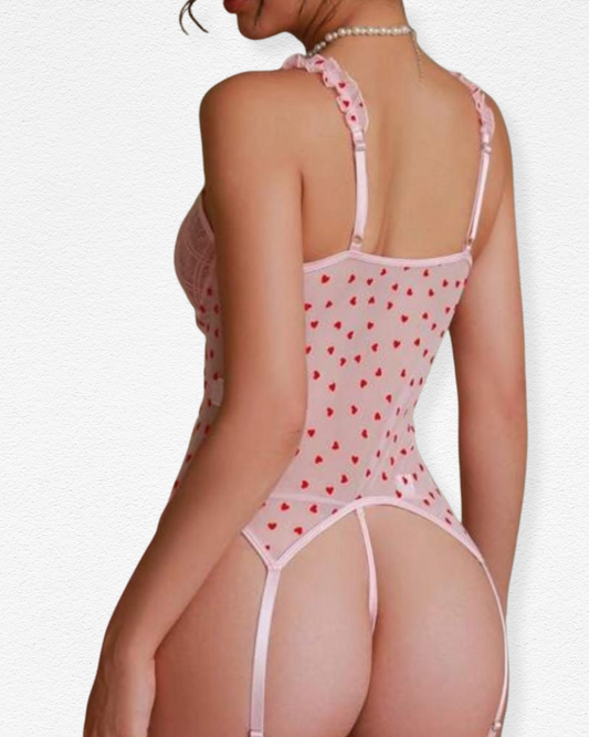 Set de Liguero Aurora - Encaje Rosa con Corazones