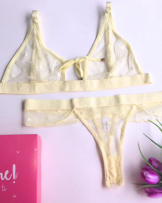 Set de Ropa Interior Roxana - Encaje Transparente Amarillo