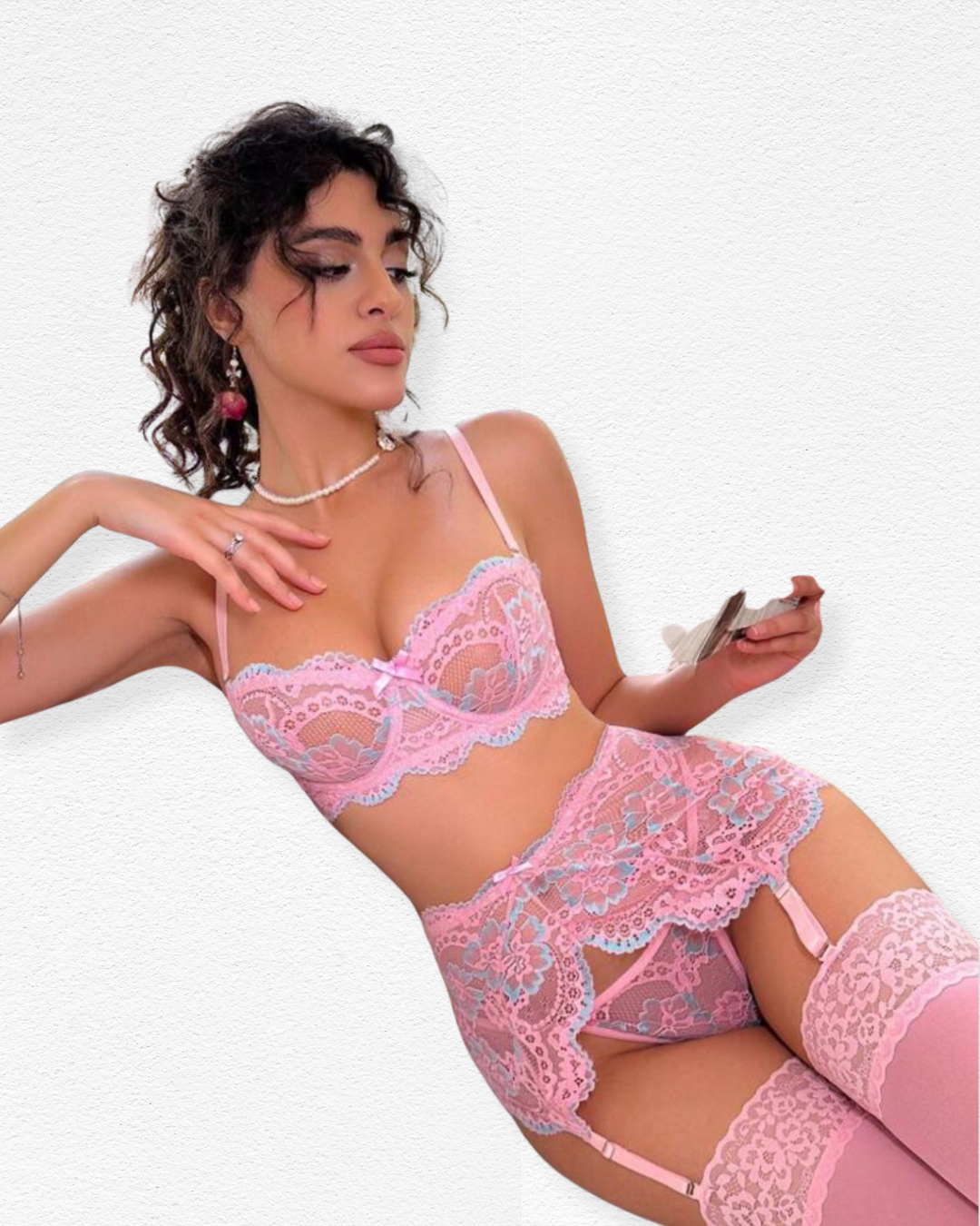 Set de Liguero Cenicienta - Encaje Floral Rosa y Azul