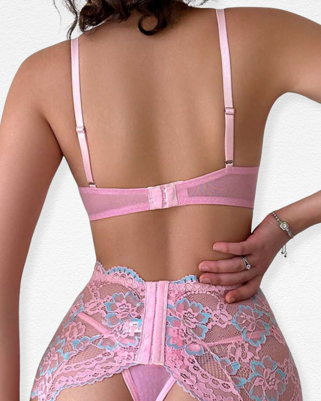 Set de Liguero Cenicienta - Encaje Floral Rosa y Azul