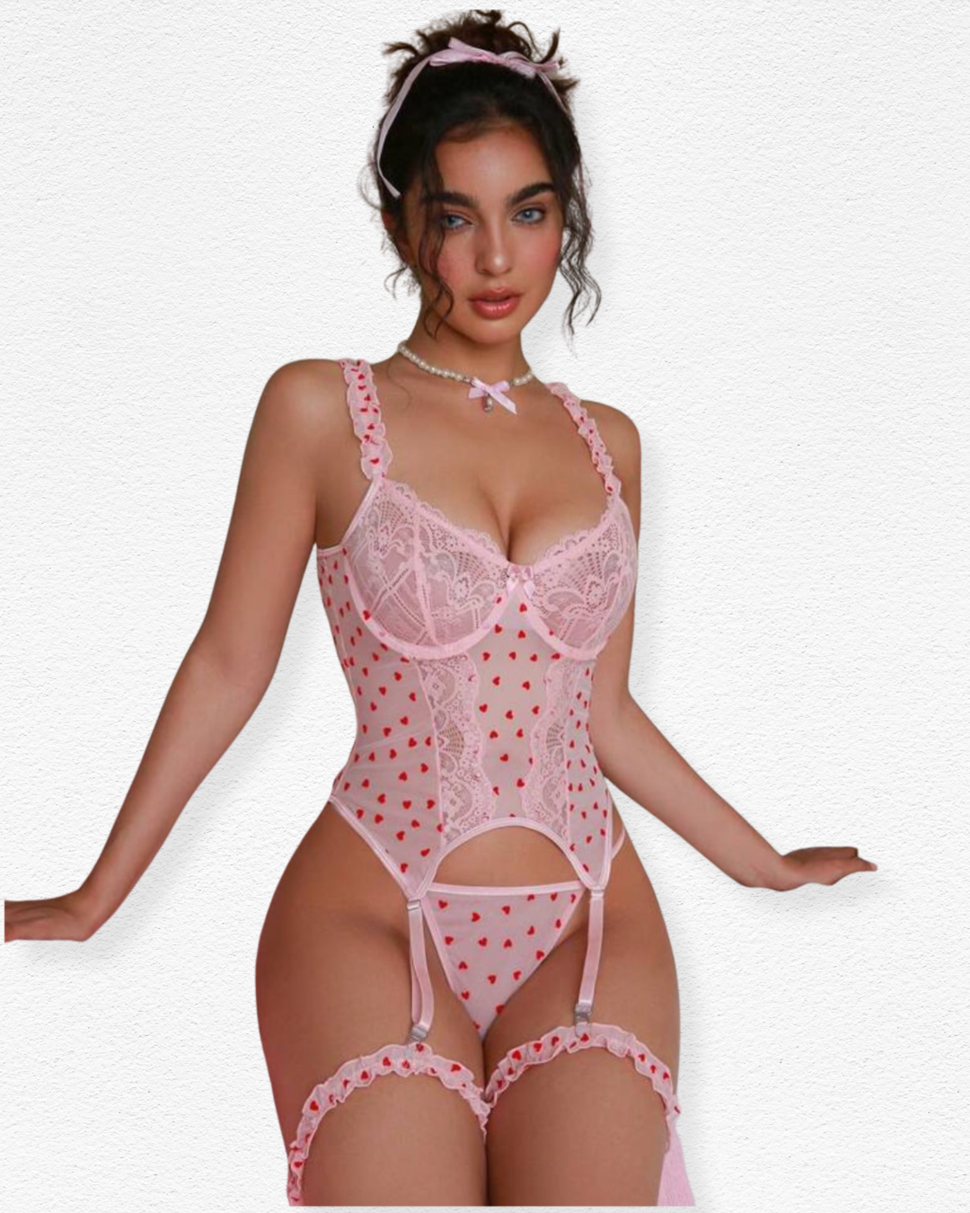 Set de Liguero Aurora - Encaje Rosa con Corazones