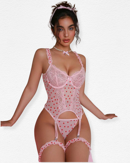 Set de Liguero Aurora - Encaje Rosa con Corazones