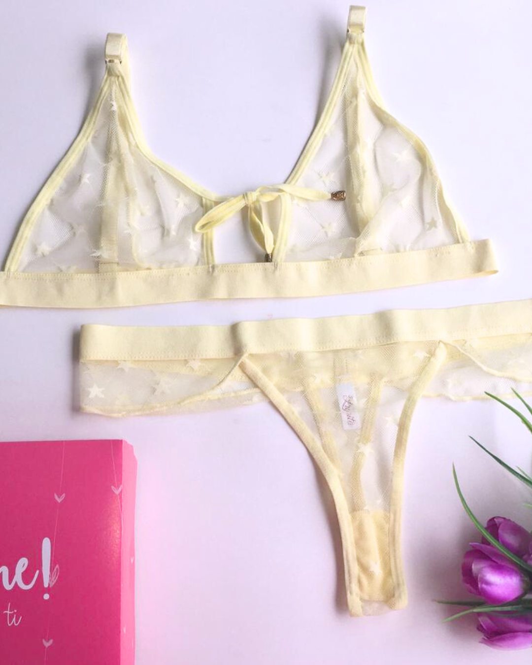 Set de Ropa Interior Roxana - Encaje Transparente Amarillo