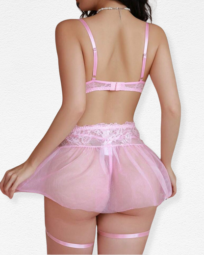 Set de Liguero María - Encaje Rosa Pastel