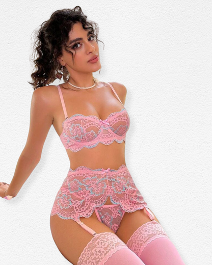 Set de Liguero Cenicienta - Encaje Floral Rosa y Azul