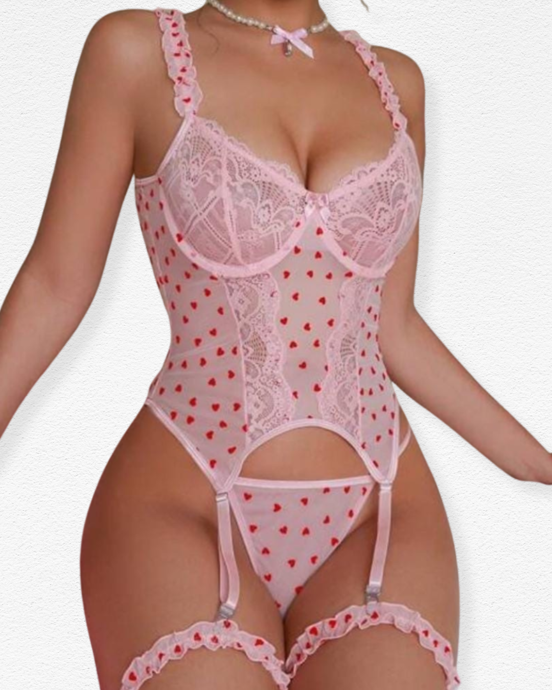 Set de Liguero Aurora - Encaje Rosa con Corazones