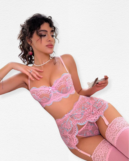 Set de Liguero Cenicienta - Encaje Floral Rosa y Azul