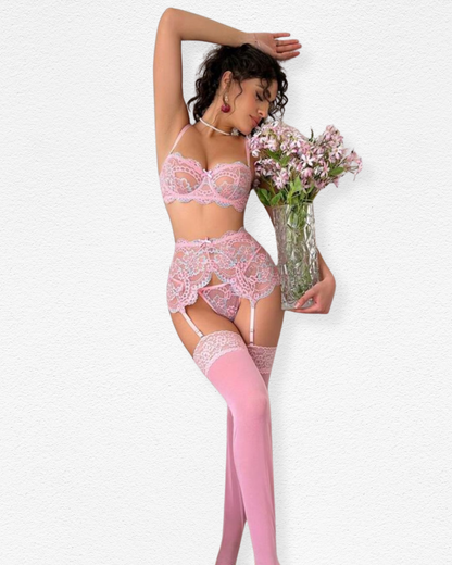 Set de Liguero Cenicienta - Encaje Floral Rosa y Azul